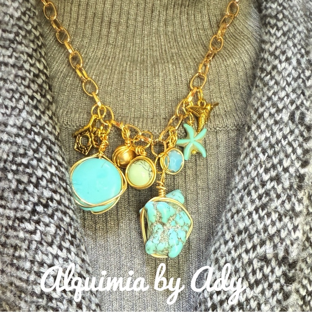 Gold turquoise charms necklace  statement